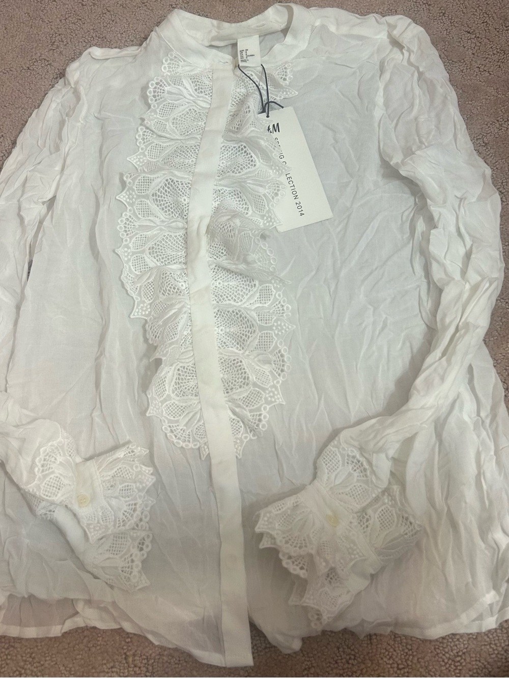 H&M White Lace-Trim Sheer Button Front Chemise Top